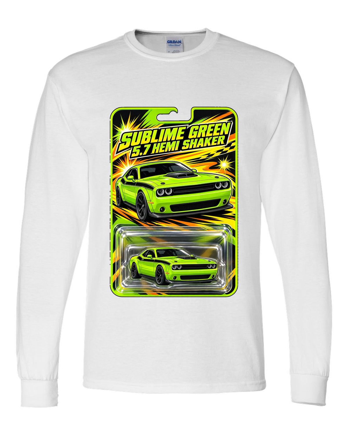 Blister toy card print of a 2015 Dodge Challenger R/T Shaker in Sublime Green white long sleeve front view with the design