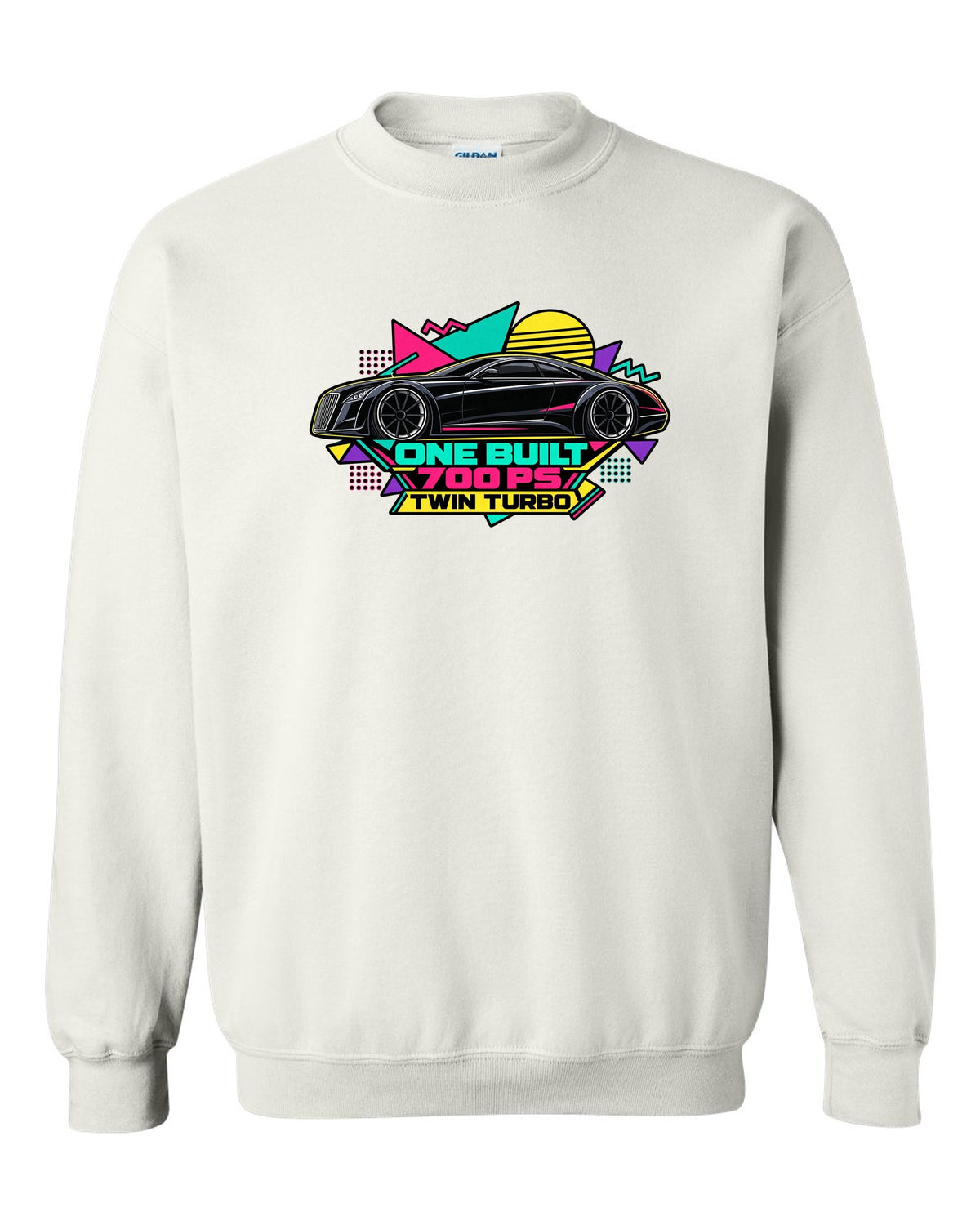 Retro Memphis style vector illustration of the one-off Maybach Exelero with One Built 700 PS Twin Turbo text white crewneck front view with the design