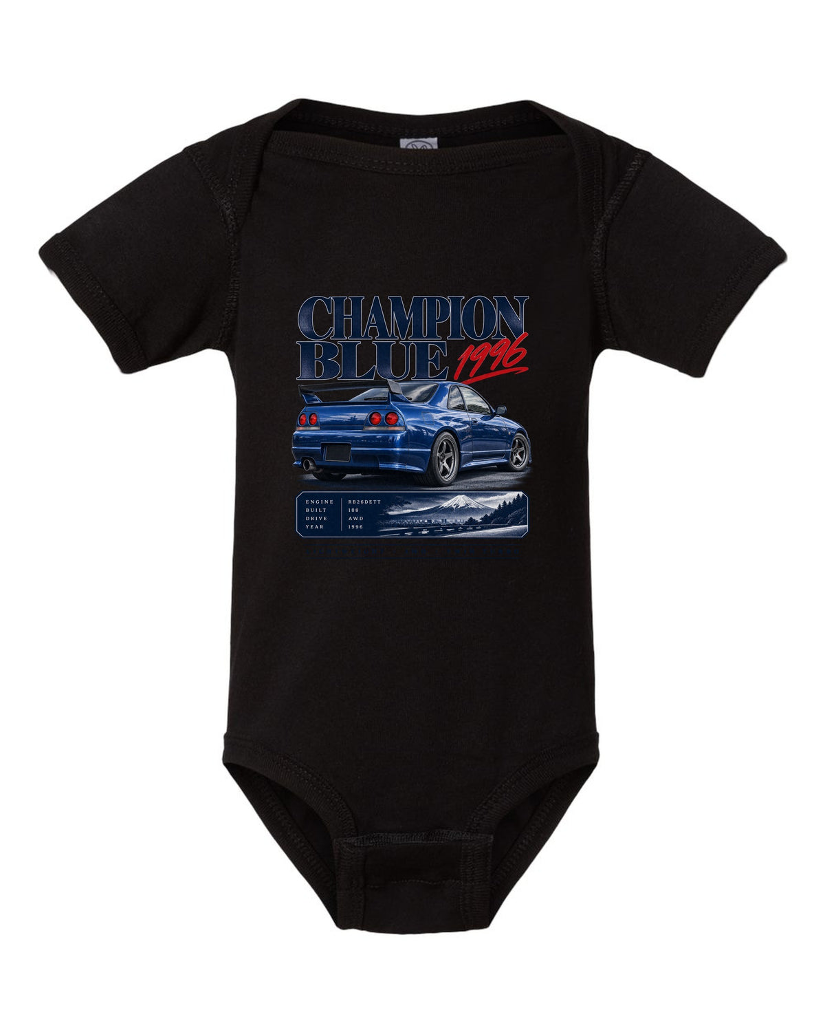 Archive panel of a Nissan Skyline GT-R R33 LM Limited in Champion Blue with 1996 and 188 made lettering black baby onesie front view with the design
