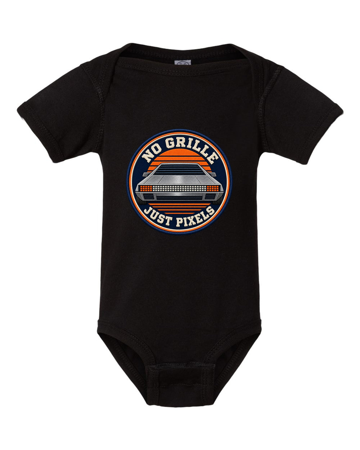 Varsity crest design of the Hyundai N Vision 74 concept with pixel styling black baby onesie front view with the design