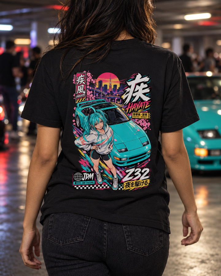 HAYATE Z32 Anime Girl Full-Back Graphic Tee T-Shirt Black worn hero