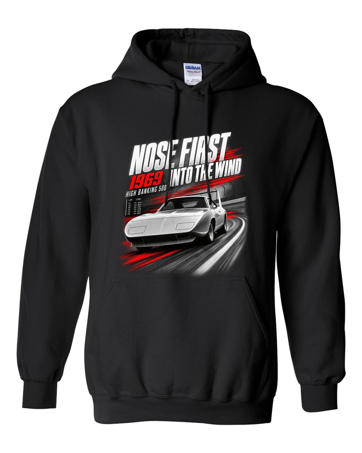 1969 Dodge Charger Daytona race poster print with nose first into the wind lettering black pull over hoodie front view with the design