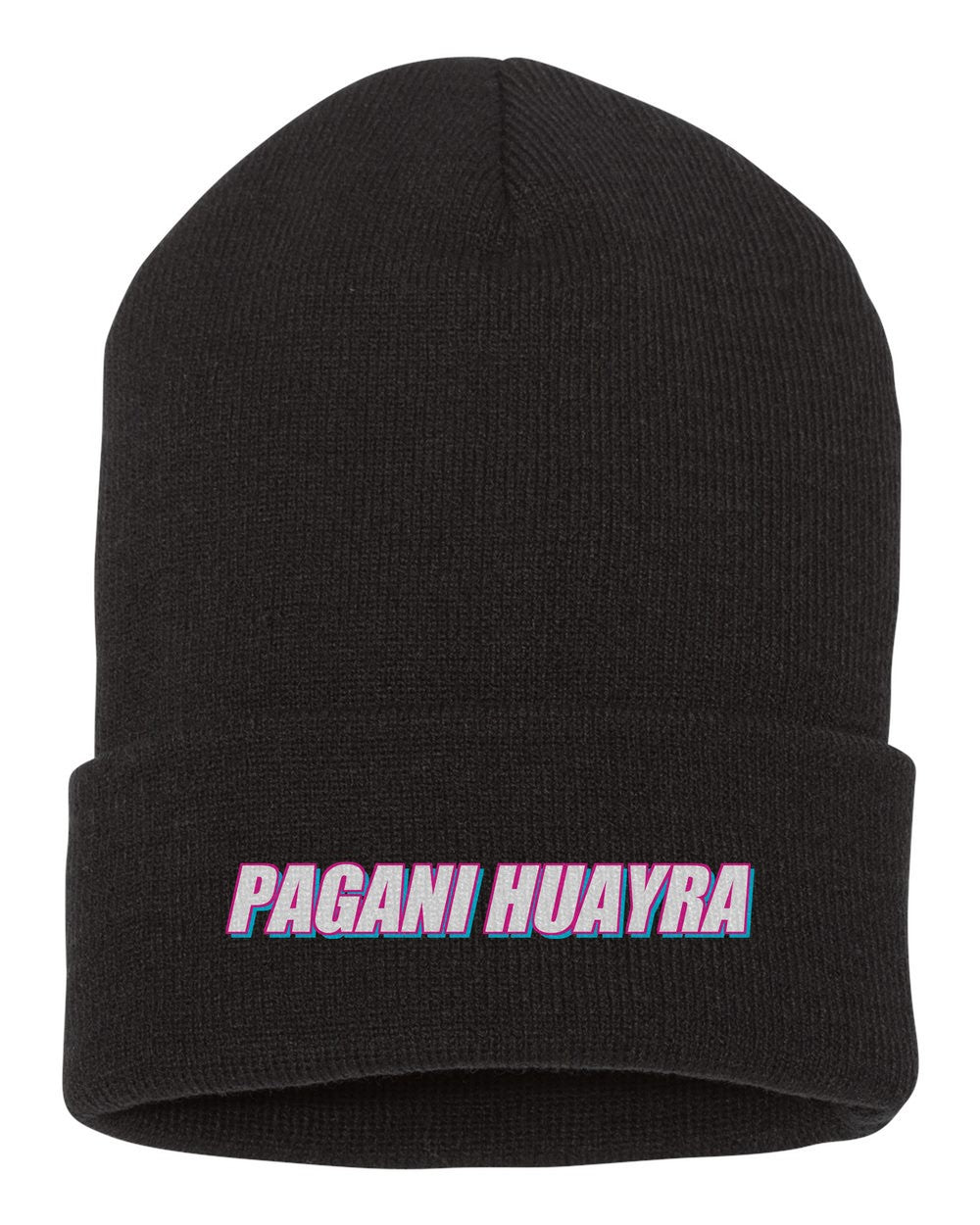 Pagani Huayra black beanie front view with car name