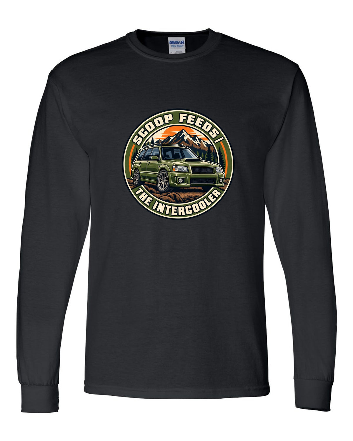 Round embroidered-style crest for a Subaru Forester SG9 about the hood scoop feeding the intercooler black long sleeve front view with the design