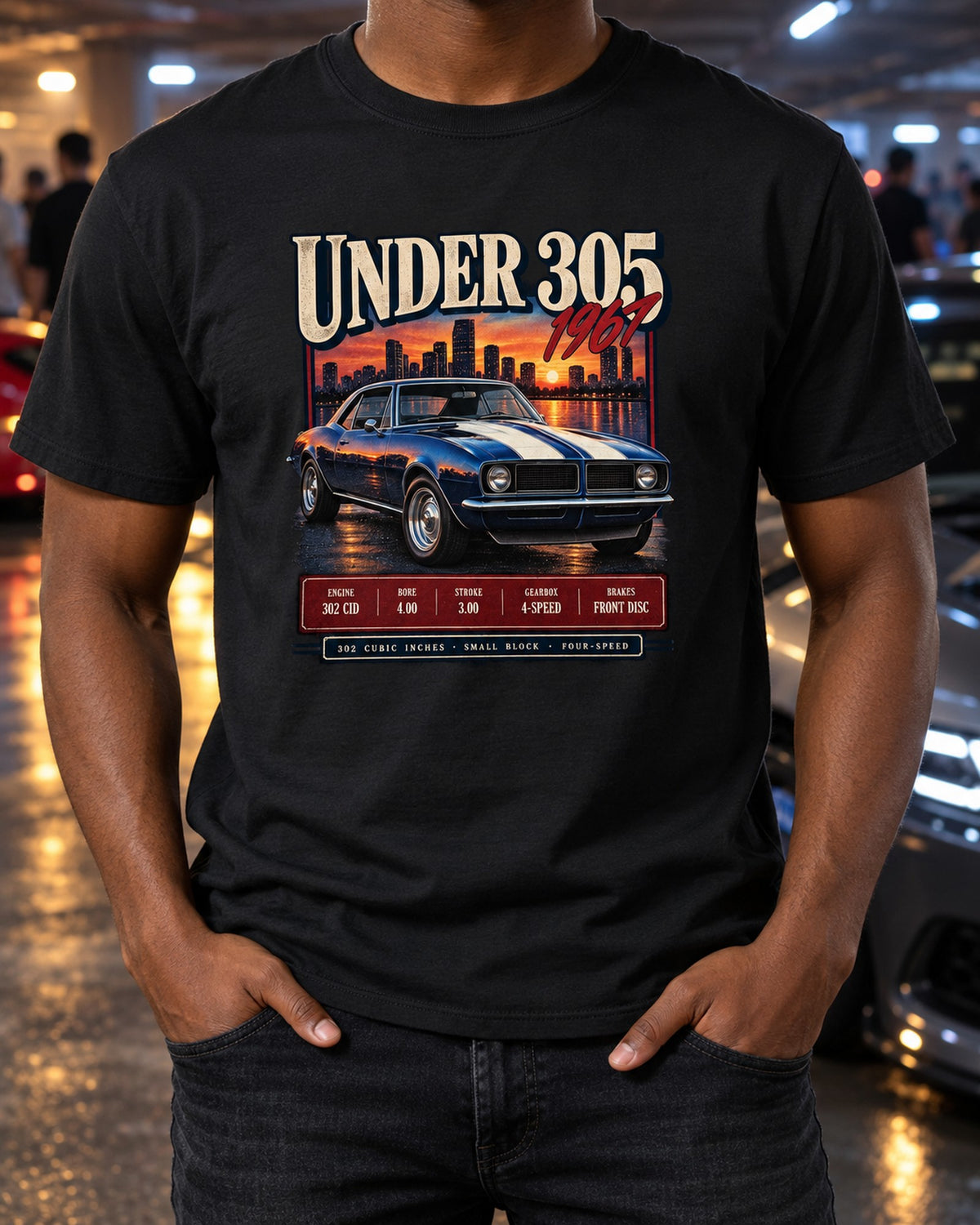 1967 Camaro Z/28 302 Under 305 Archive Panel Tee, Small Block T-Shirt Black worn hero
