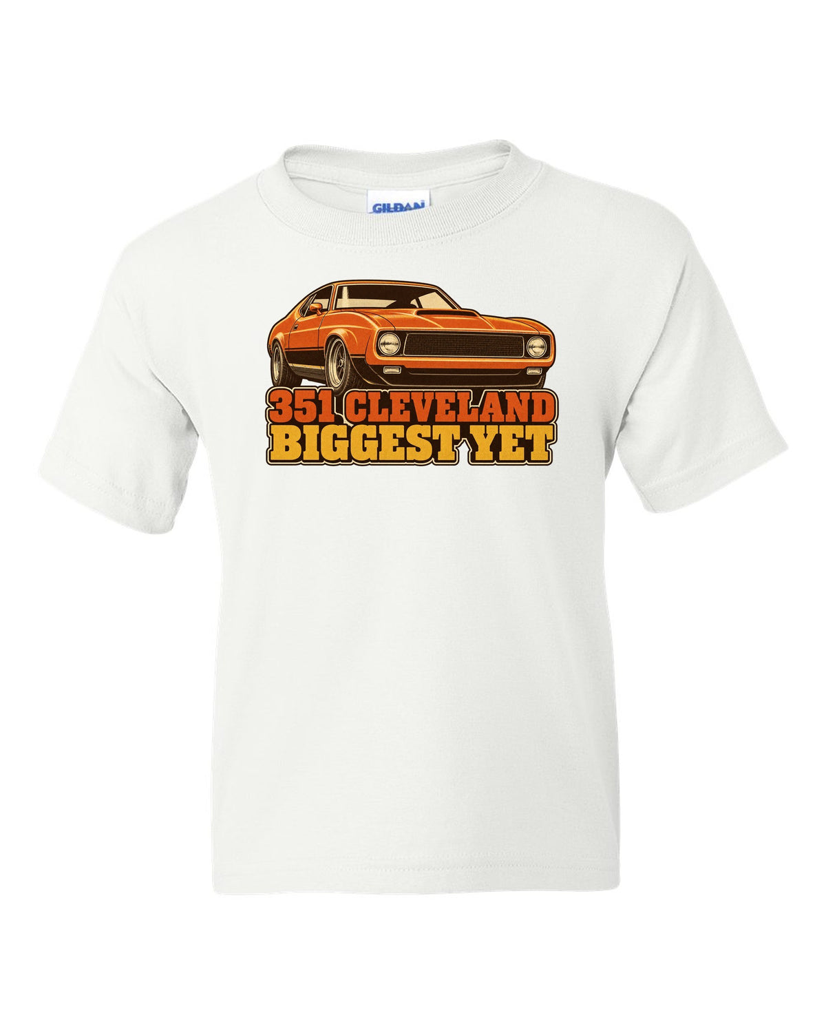 Vintage 70s race poster print of a 1971 Ford Mustang fastback with 351 Cleveland text white kids tee front view with the design