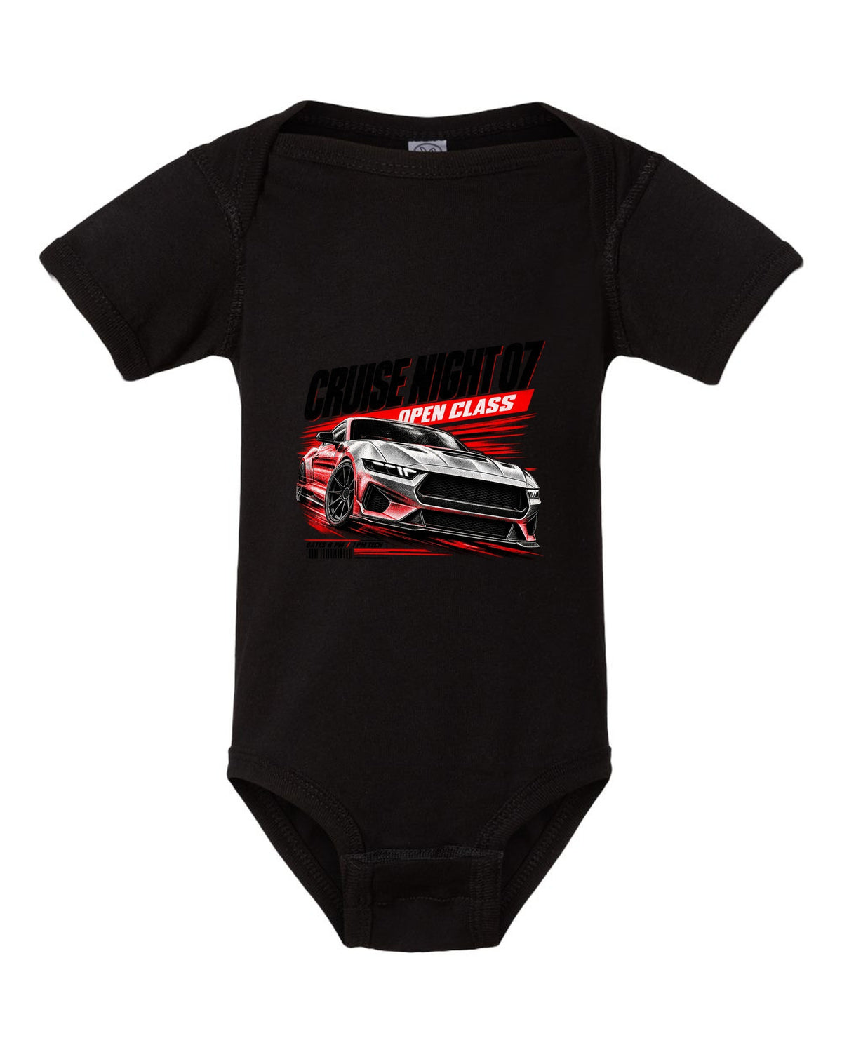 Ford Mustang S650 GT race poster print reading Cruise Night 07 Open Class black baby onesie front view with the design