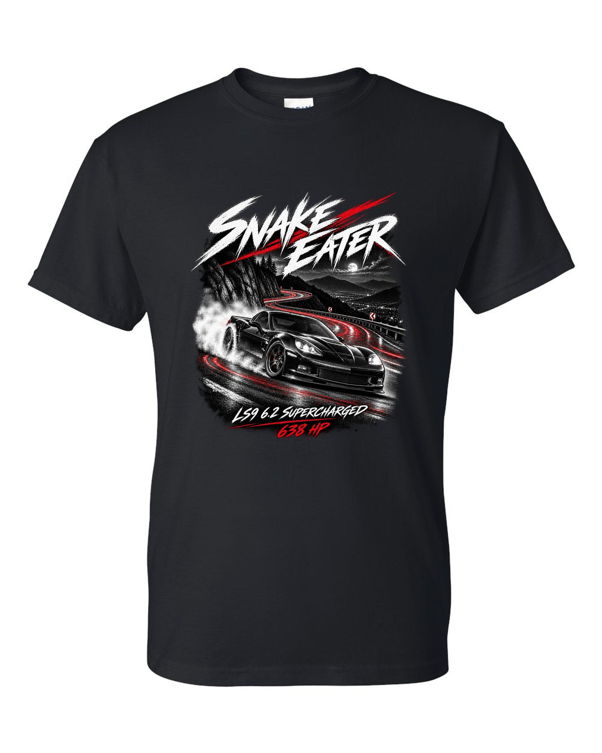 Corvette C6 ZR1 supercharged on a night mountain road black t-shirt front view with the design