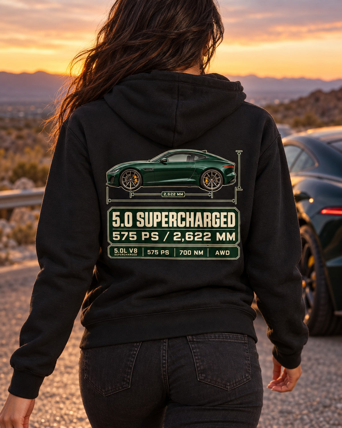 Jaguar F-Type R Coupe Spec Poster Shirt, Supercharged V8 Zip Hoodie Black worn hero