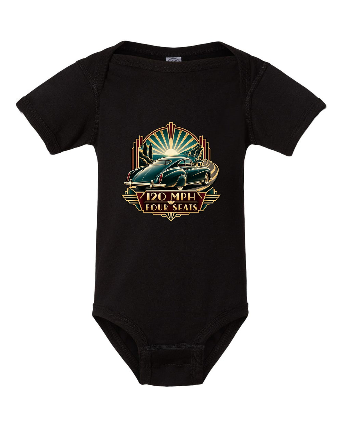 Synthwave outrun print of a 1982 Bentley Mulsanne Turbo with 120 mph and four seats lettering black baby onesie front view with the design