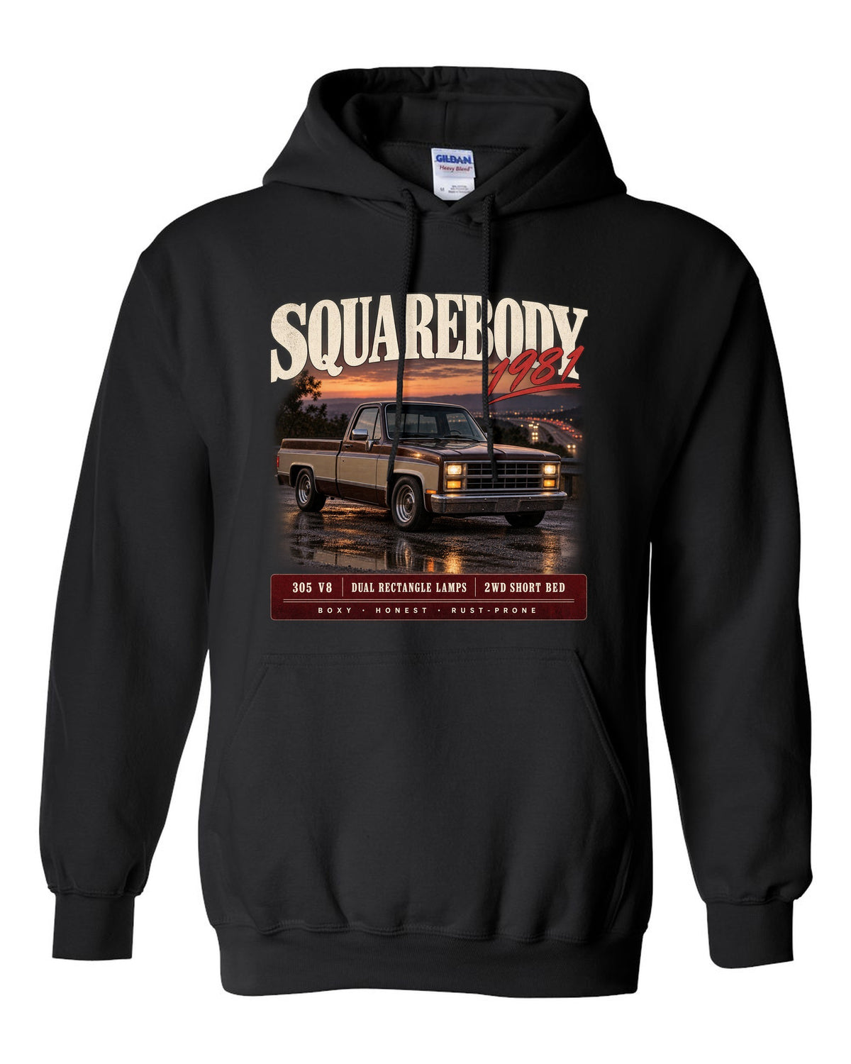 1981 Squarebody C10 Silverado archive panel print black pull over hoodie front view with the design