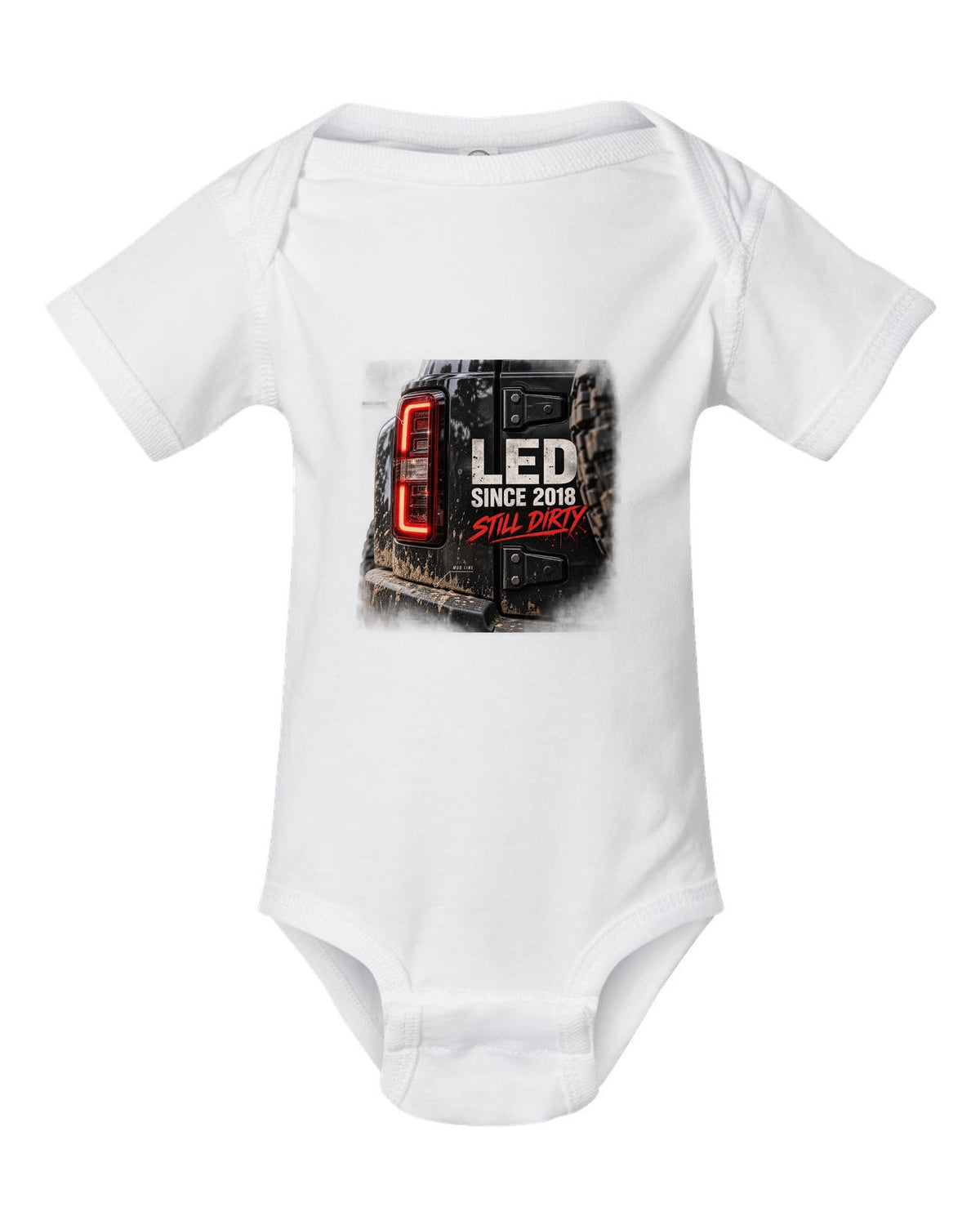 Jeep Wrangler JL LED taillight macro with mud line print white baby onesie front view with the design