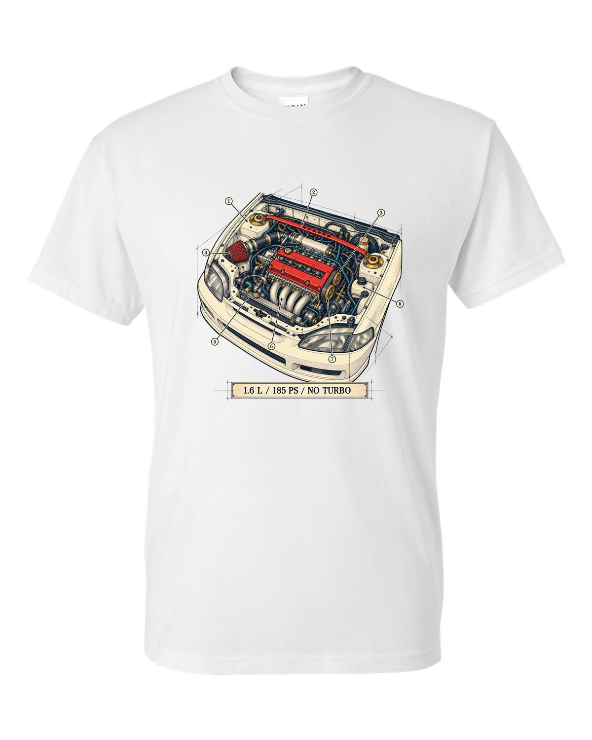 Patent drawing line art of the Honda Civic Type R EK9 with B16B spec text white t-shirt front view with the design