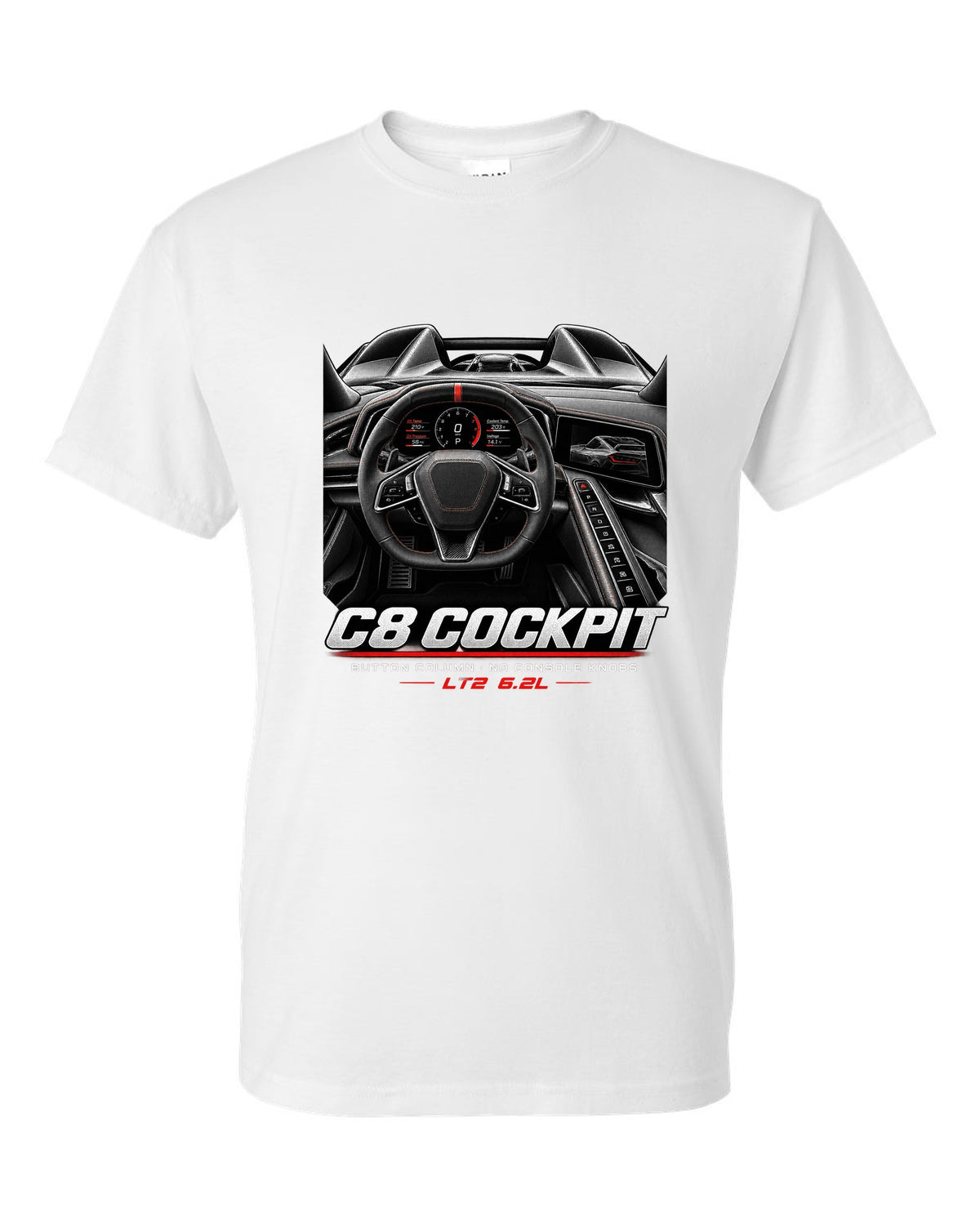 Corvette C8 Stingray 2020 cockpit with button column white t-shirt front view with the design