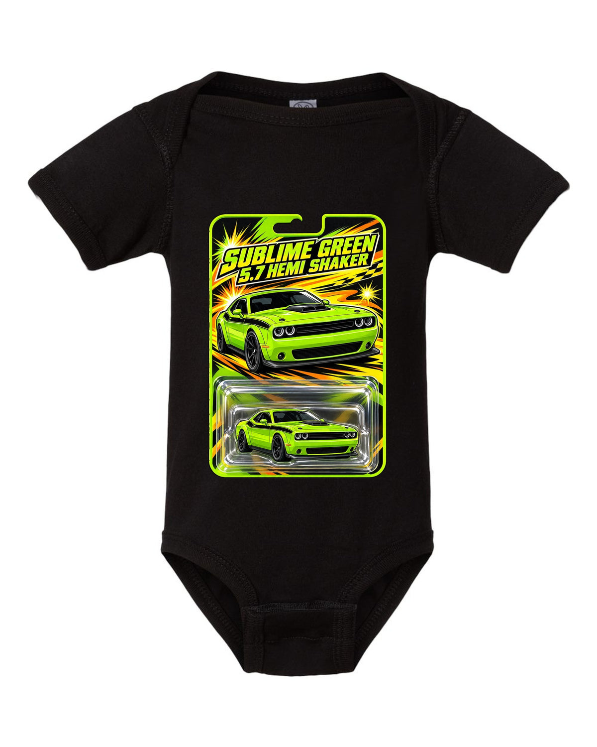 Blister toy card print of a 2015 Dodge Challenger R/T Shaker in Sublime Green black baby onesie front view with the design