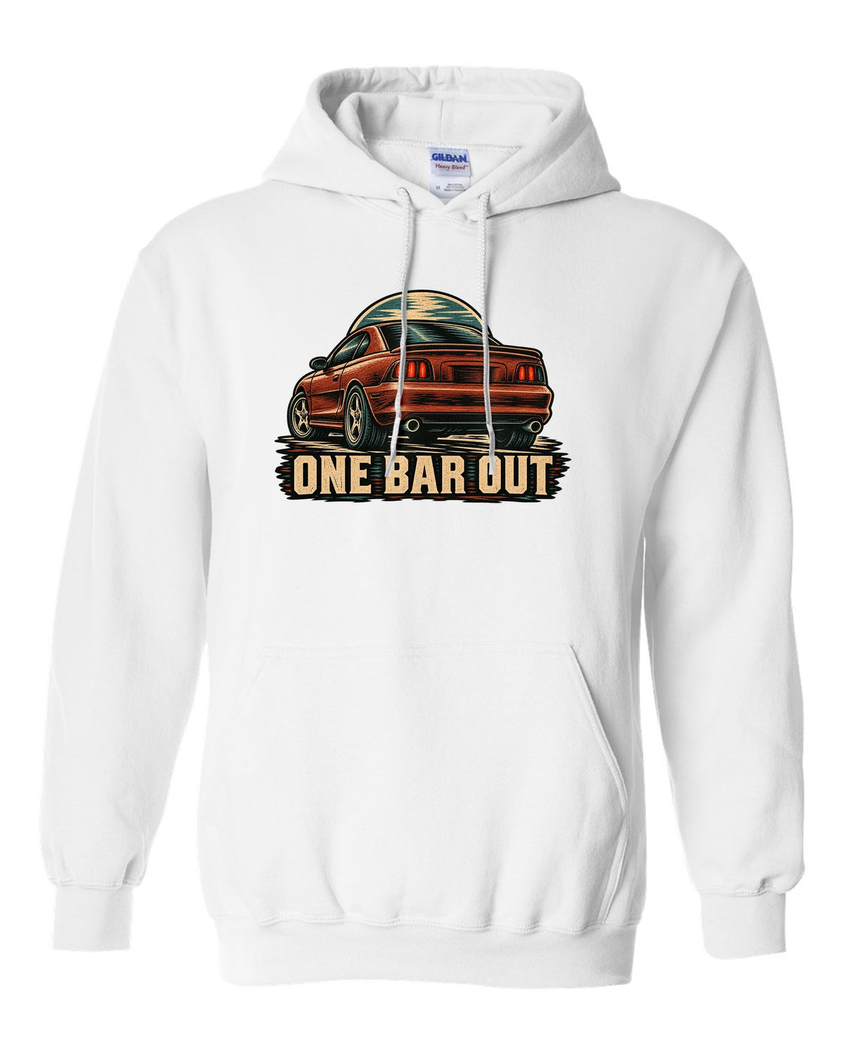 Linocut woodcut print of a 1994-98 SN95 Mustang coupe with One Bar Out text white pull over hoodie front view with the design
