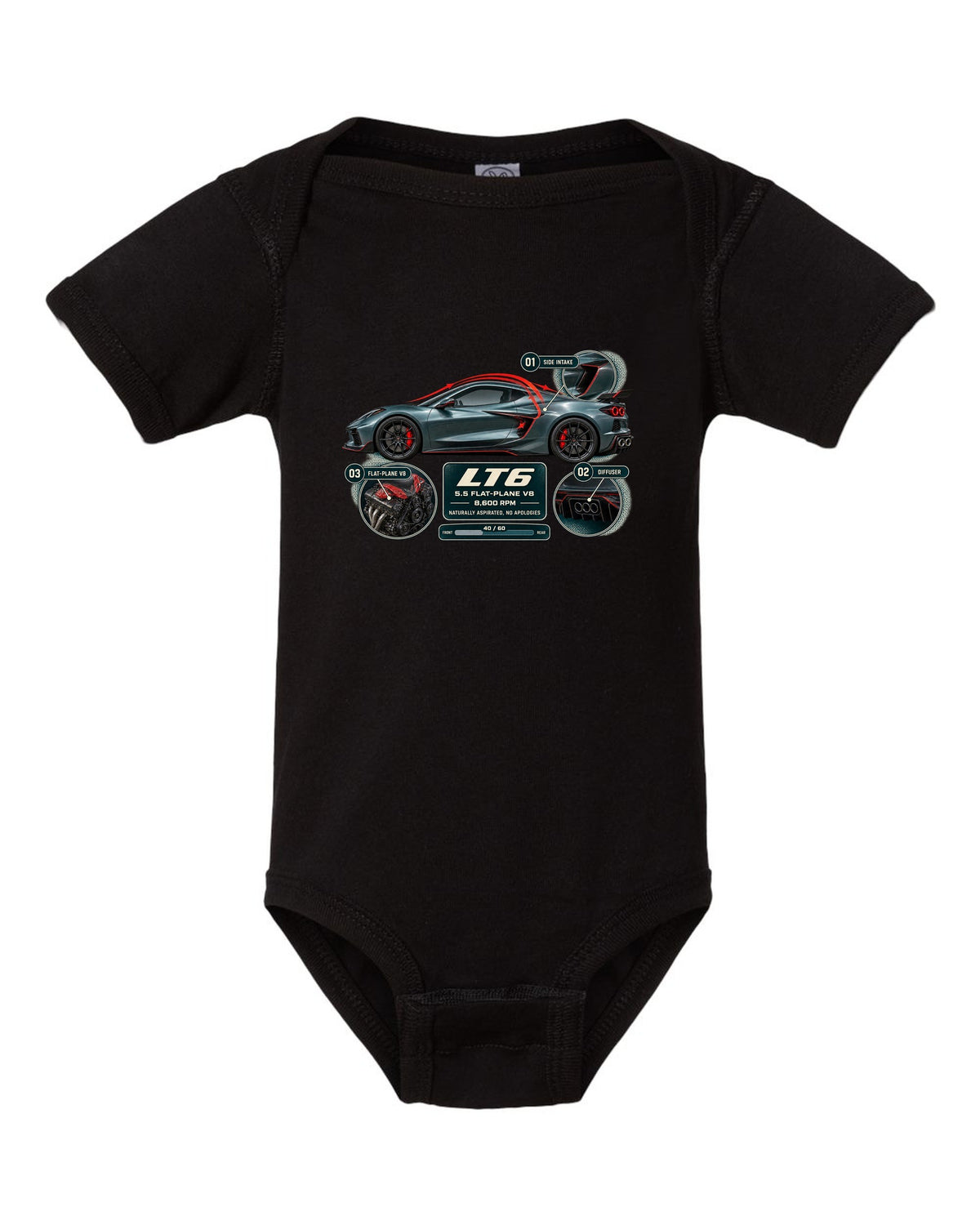 print aero cutaway callouts of a Chevrolet Corvette C8 Z06 in teal-grey black baby onesie front view with the design