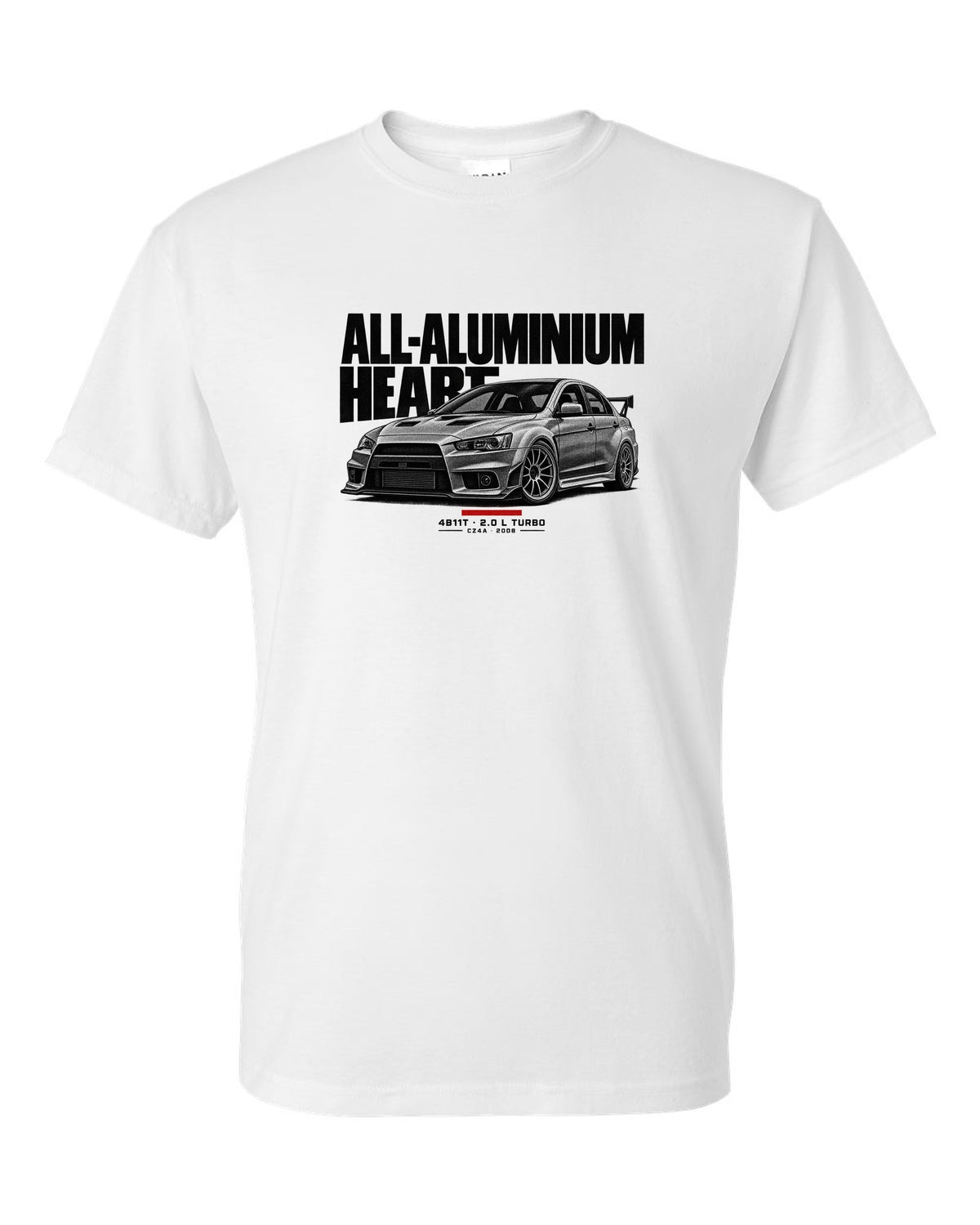 Halftone Mitsubishi Lancer Evolution X CZ4A with all-aluminium 4B11T text white t-shirt front view with the design