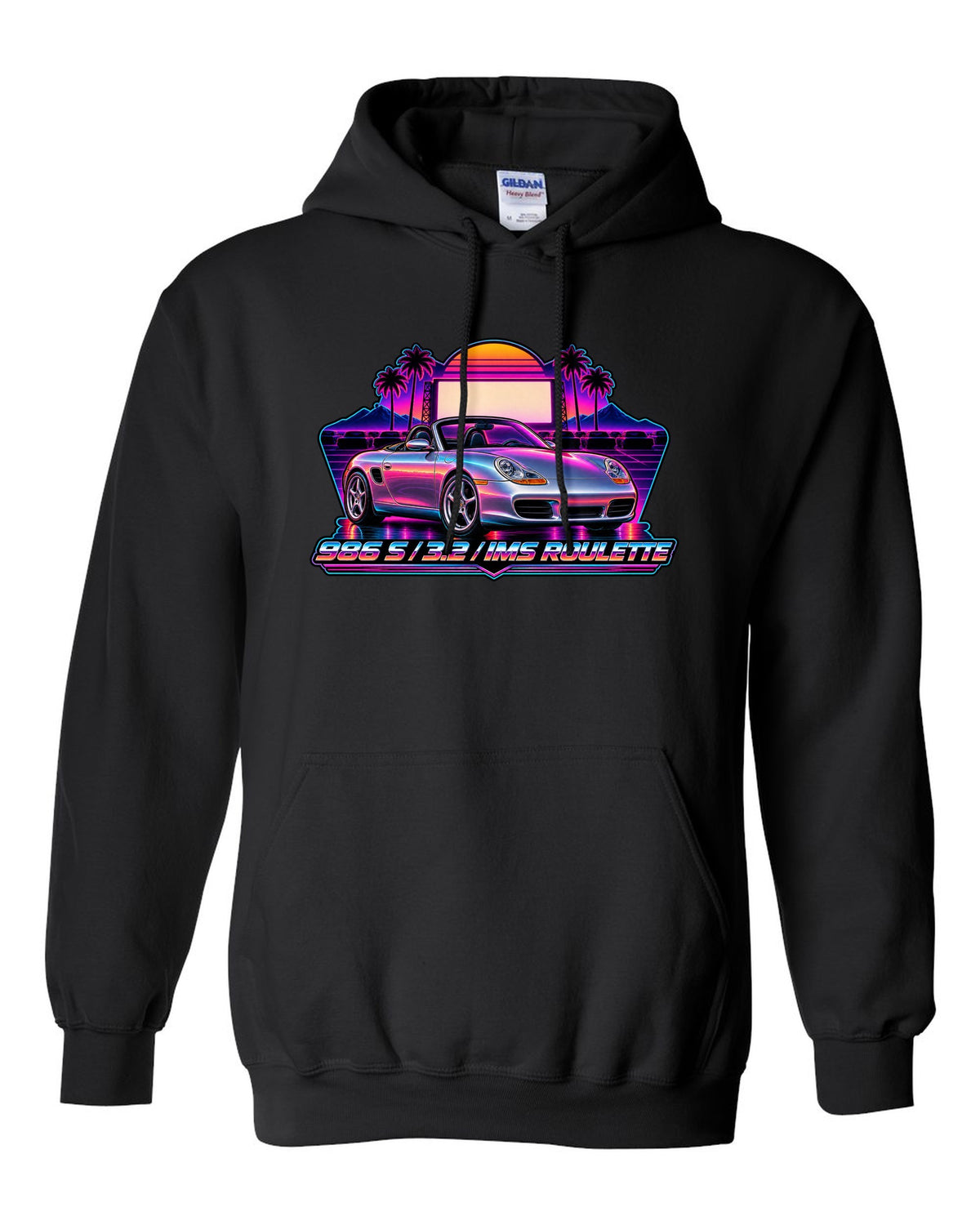 Porsche 986 Boxster S synthwave outrun design with IMS roulette lettering black pull over hoodie front view with the design