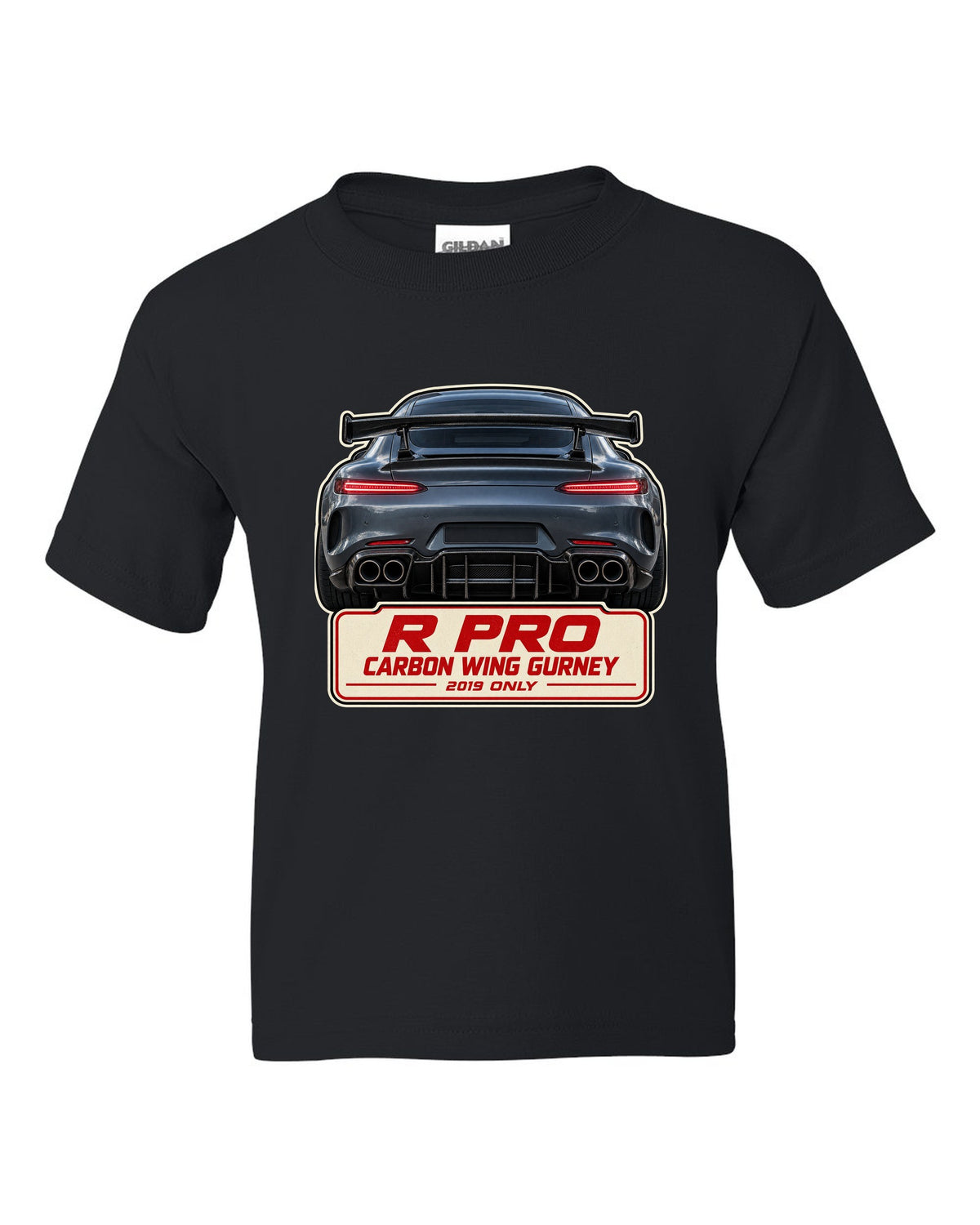 Mercedes-AMG GT R Pro C190 taillight macro print black kids tee front view with the design
