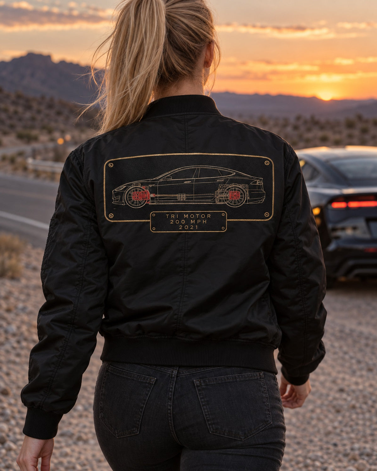 Tesla Model S Plaid Spec Sheet Data Plate Shirt, Car Guy Gift Bomber Jacket Black worn hero
