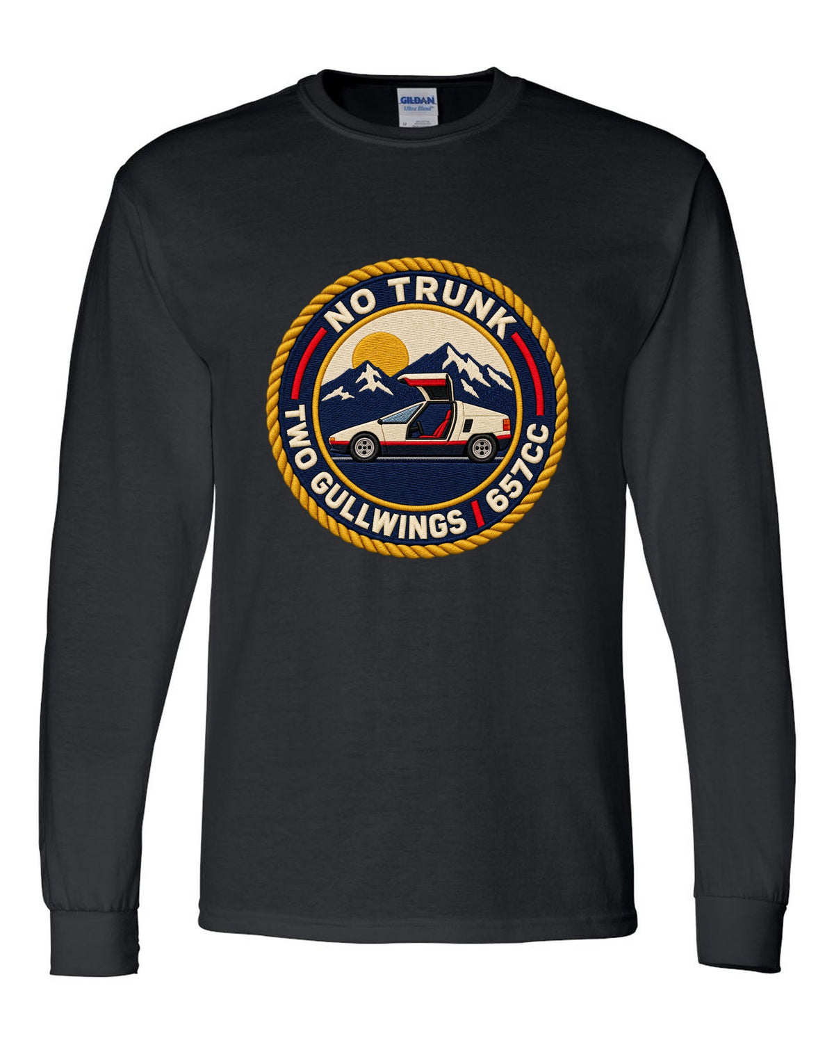 Embroidery-style varsity crest print for the Autozam AZ-1 PG6SA with no trunk two gullwings 657cc lettering black long sleeve front view with the design