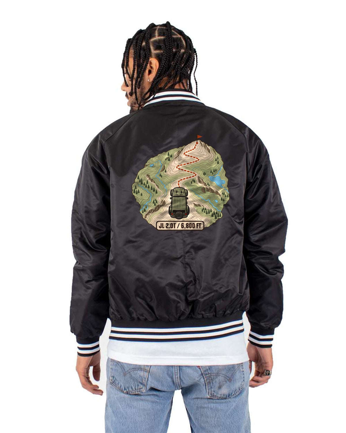 JL Wrangler 2.0T Switchback Contour Map Shirt, 6,800 Ft Bomber Jacket Black back