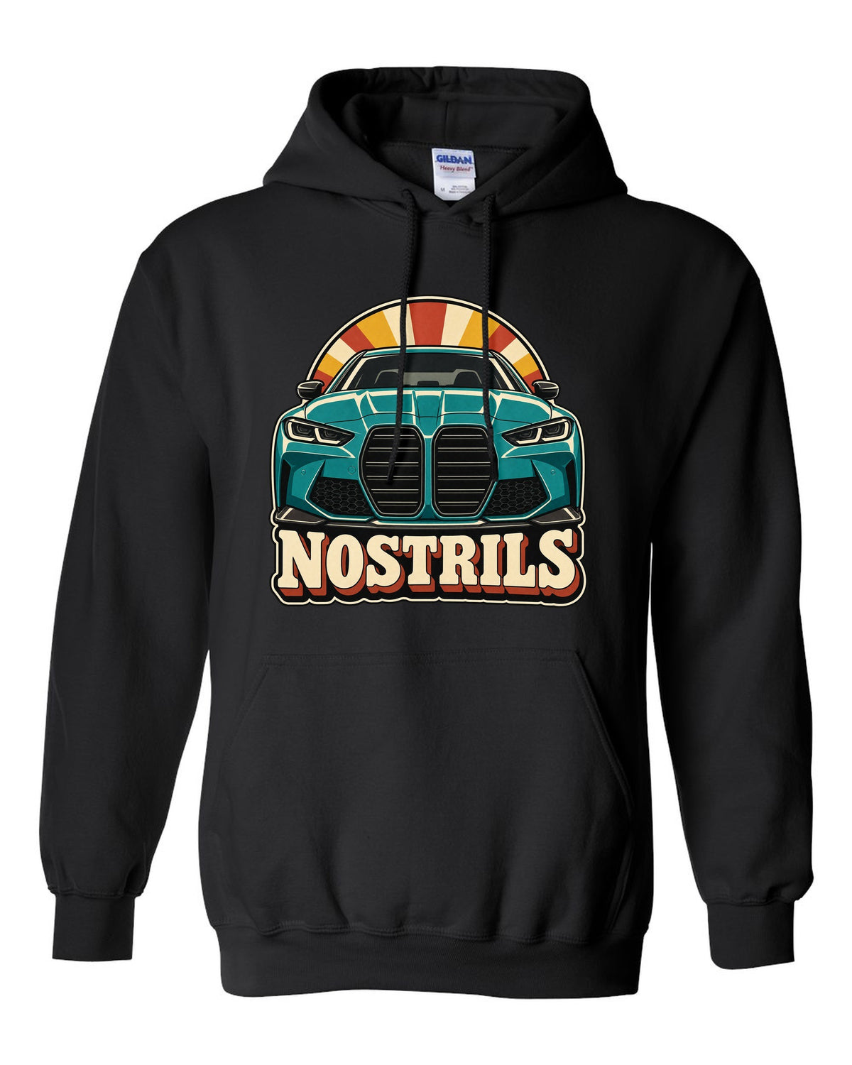 BMW G80 M3 retro catalogue ad style print with Nostrils text black pull over hoodie front view with the design