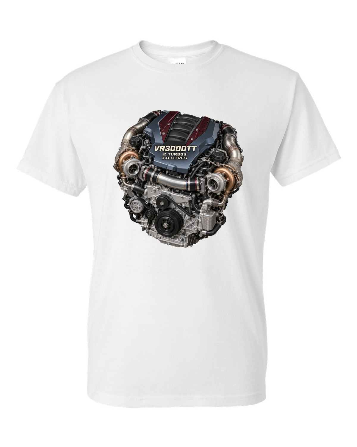 Hero image of a Nissan VR30DDTT twin-turbo V6 engine from the RZ34 Z white t-shirt front view with the design
