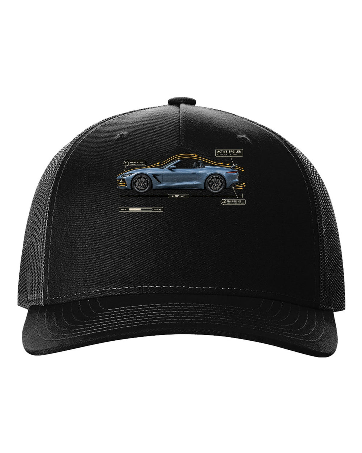 SL63 R232 Active Spoiler Aero Callout black hat front view with the design