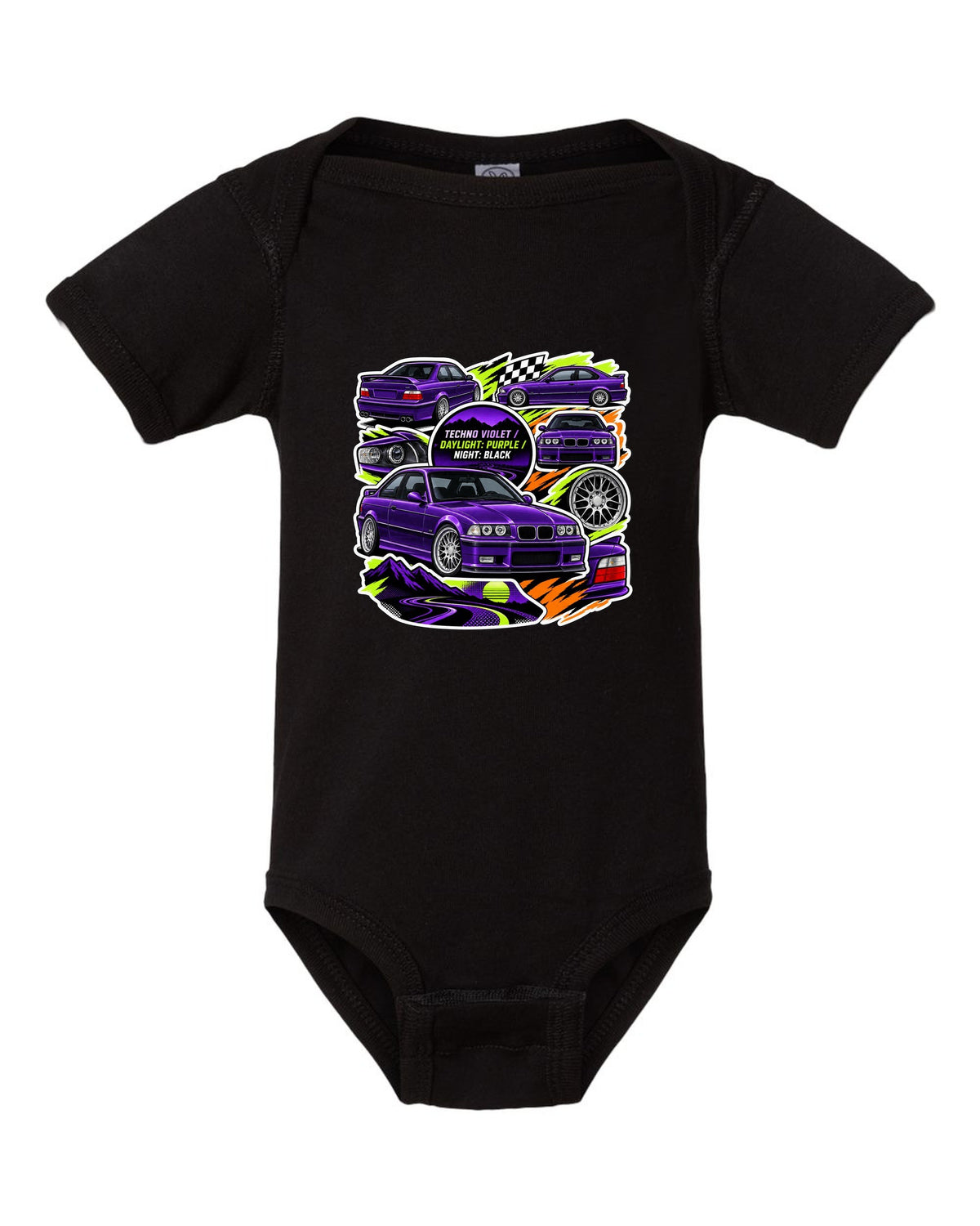Sticker bomb collage print of a Techno Violet BMW E36 M3 with daylight purple night black text black baby onesie front view with the design