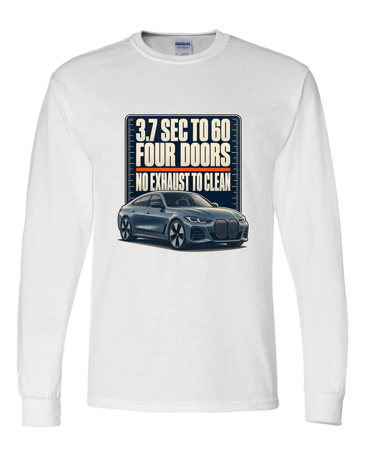 Halftone print of the BMW i4 M50 G26 with 3.7 second 0-60 time white long sleeve front view with the design