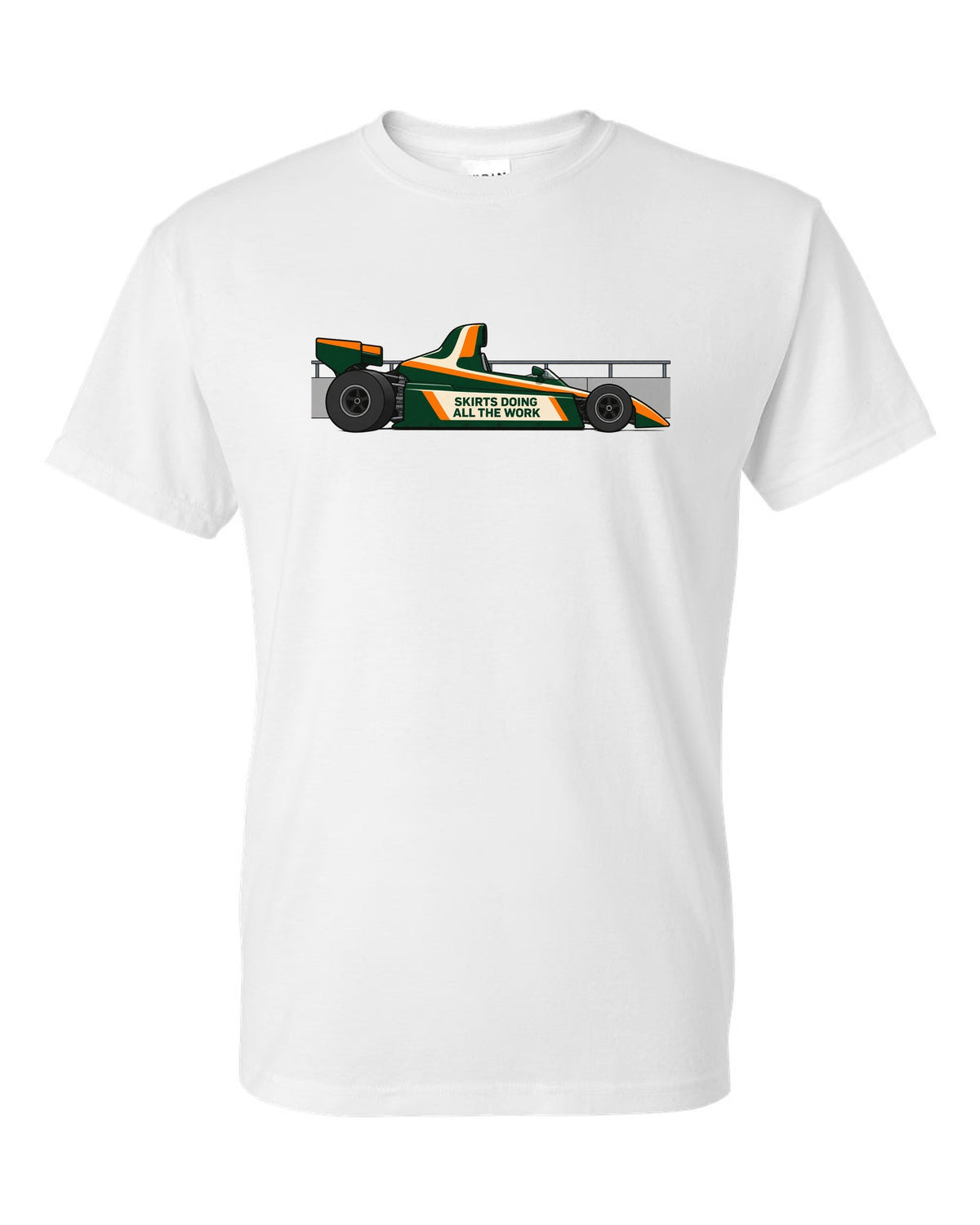 Flat vector Lotus 79 Formula 1 car with the lettering skirts doing all the work white t-shirt front view with the design