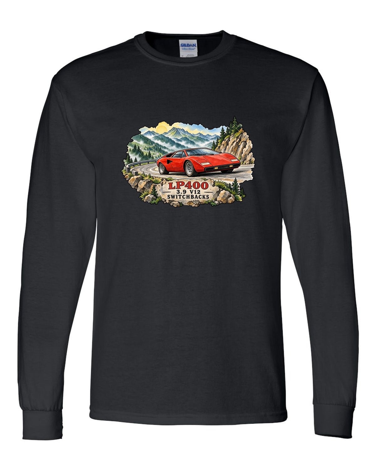 Watercolour ink wash design of a Lamborghini Countach LP400 on mountain switchbacks black long sleeve front view with the design