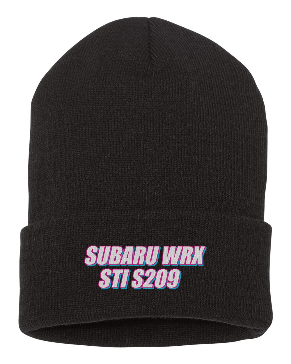 Subaru Wrx Sti S209 black beanie front view with car name