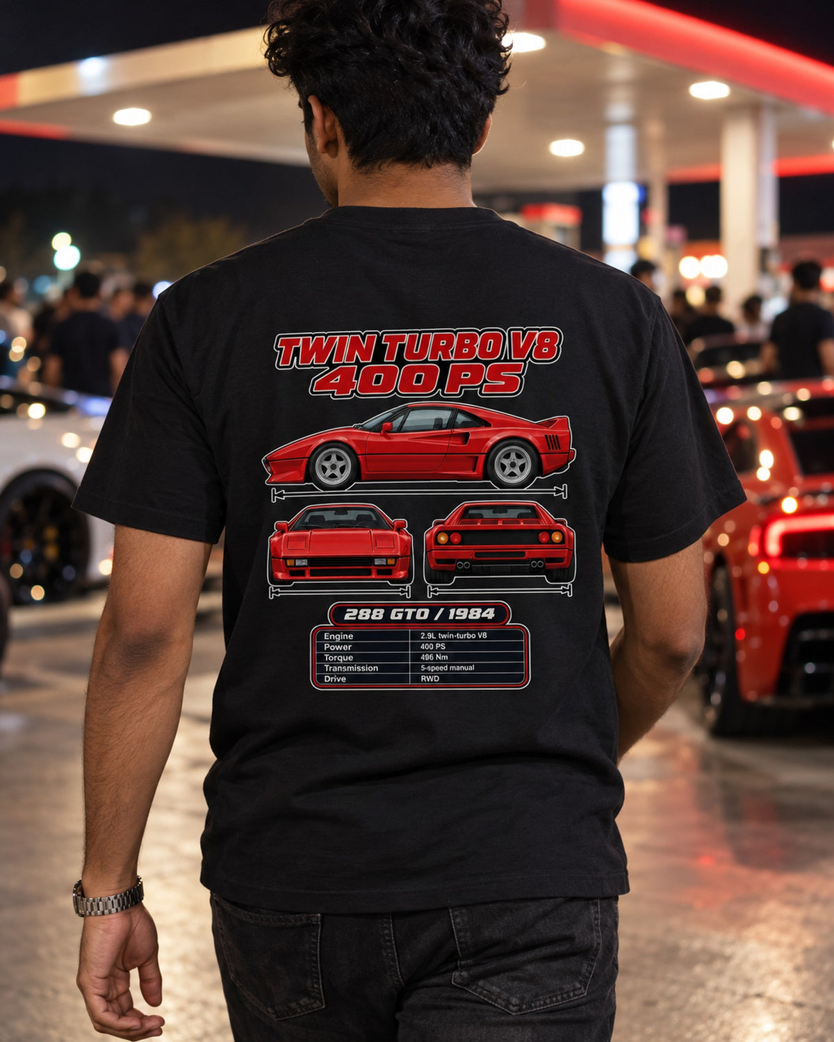 Ferrari 288 Gto Spec Sheet Full-Back Graphic Tee T-Shirt Black worn hero