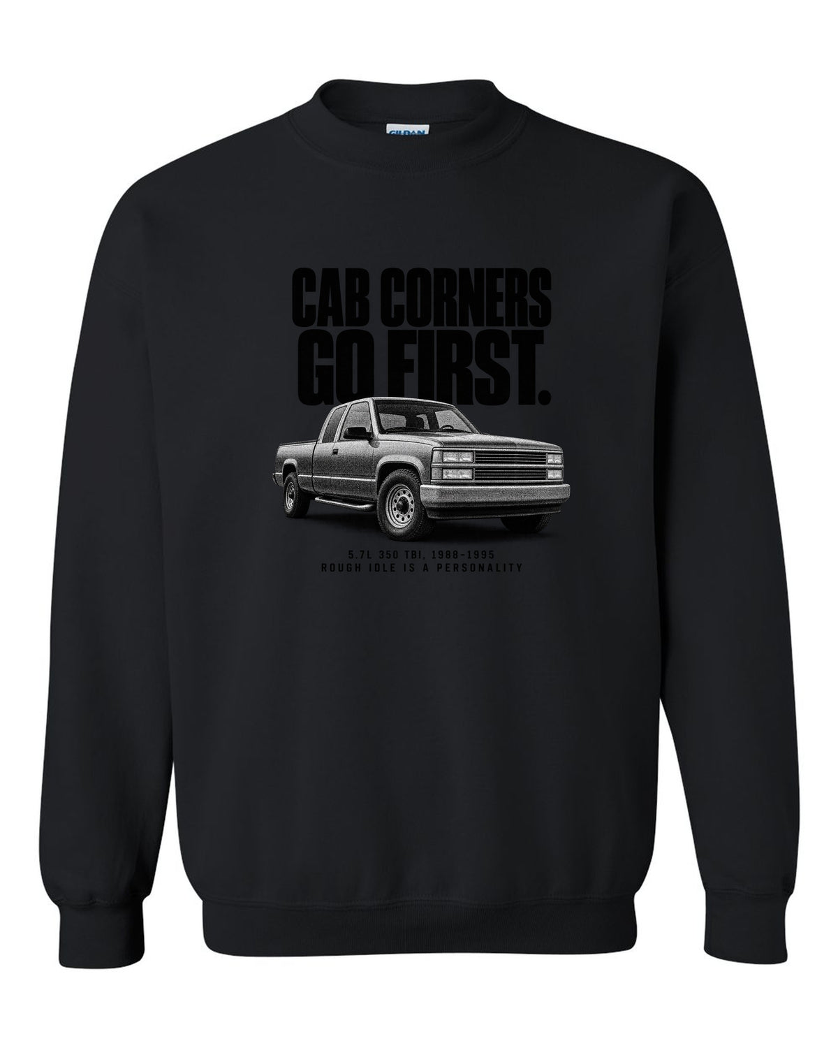 Halftone print of a 1988-98 Chevrolet GMT400 C1500 OBS with 5.7L 350 TBI text black crewneck front view with the design