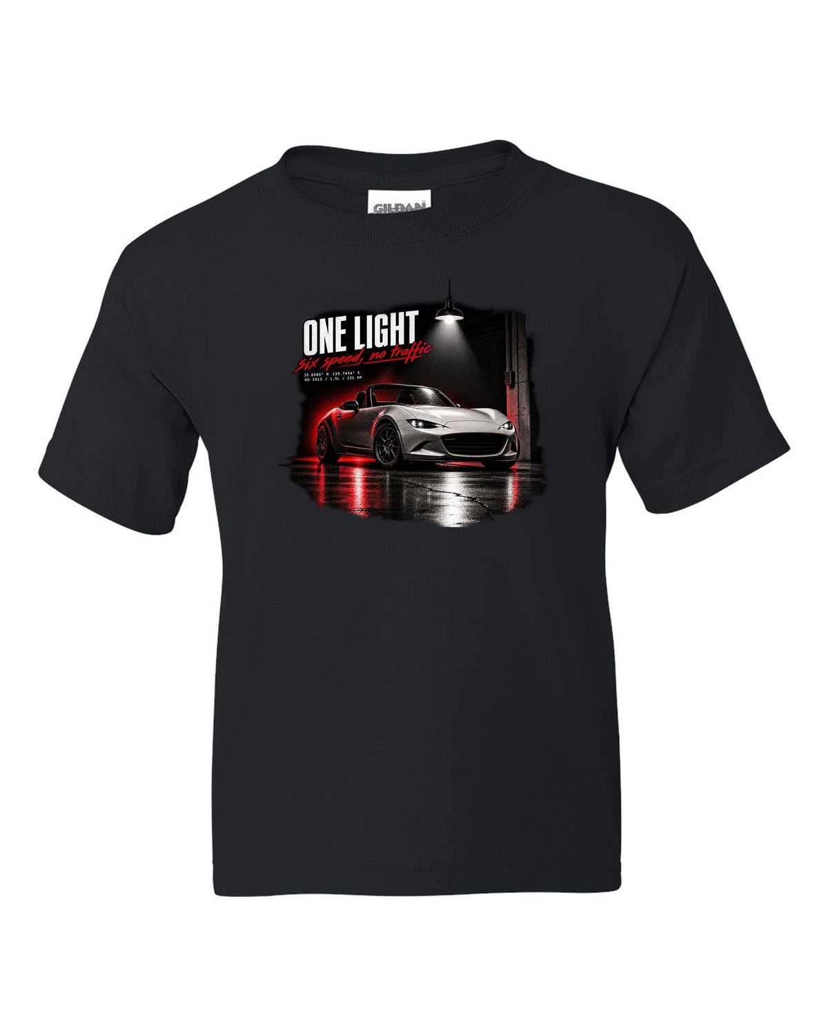 Garage night print for the 2015 Mazda MX-5 ND with 1.5L, 131 HP and six-speed lettering black kids tee front view with the design