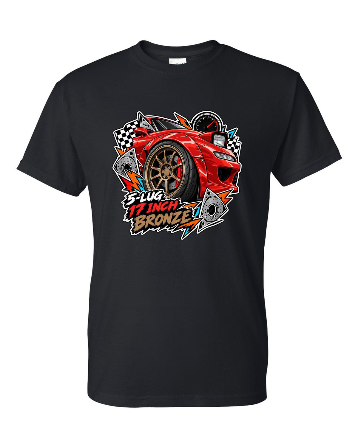 Gauge cluster print of a Mazda RX-7 FD3S boost needle with the text Boost Leak Somewhere black t-shirt front view with the design