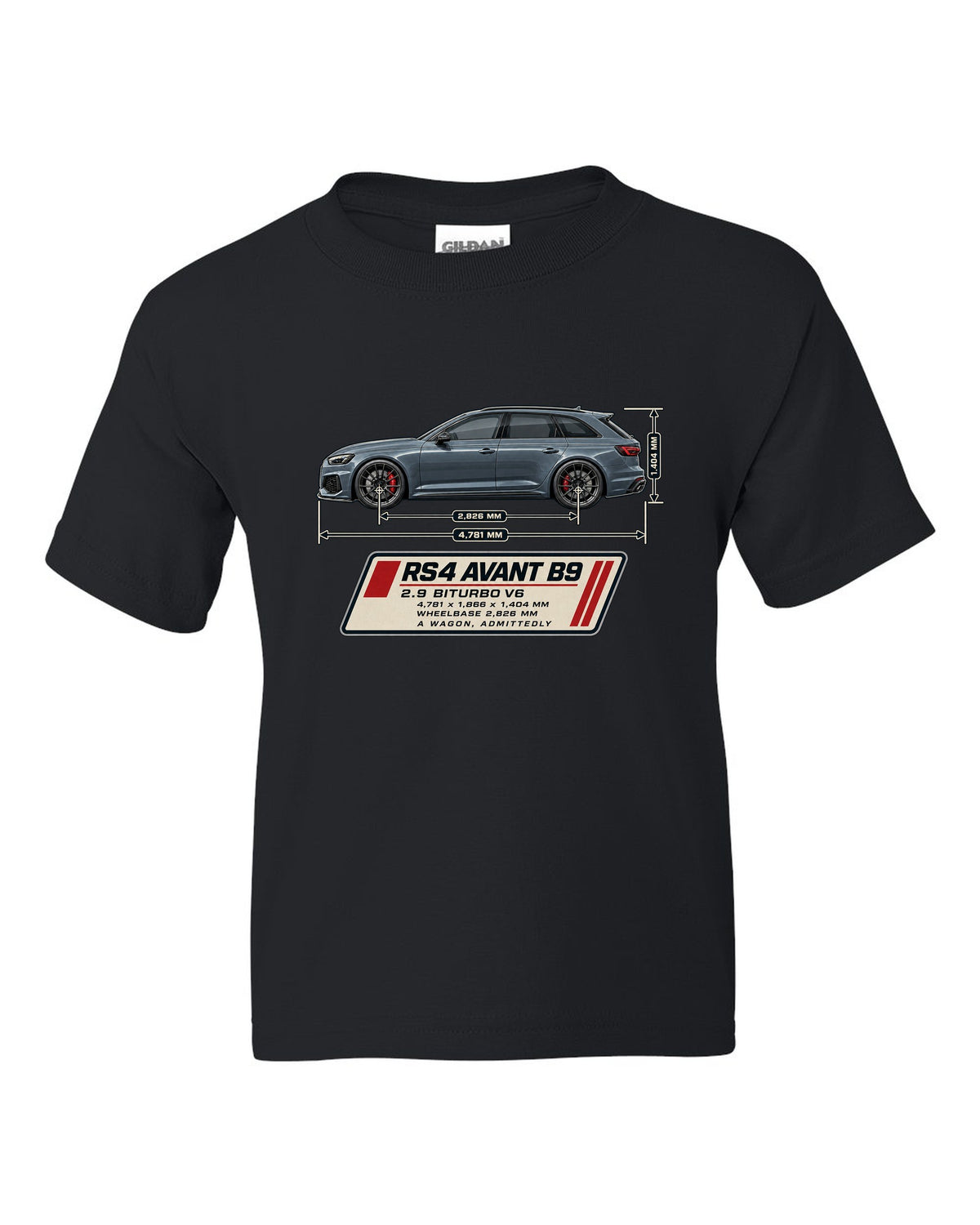 Audi RS4 Avant B9 dimension blueprint print with measurements black kids tee front view with the design