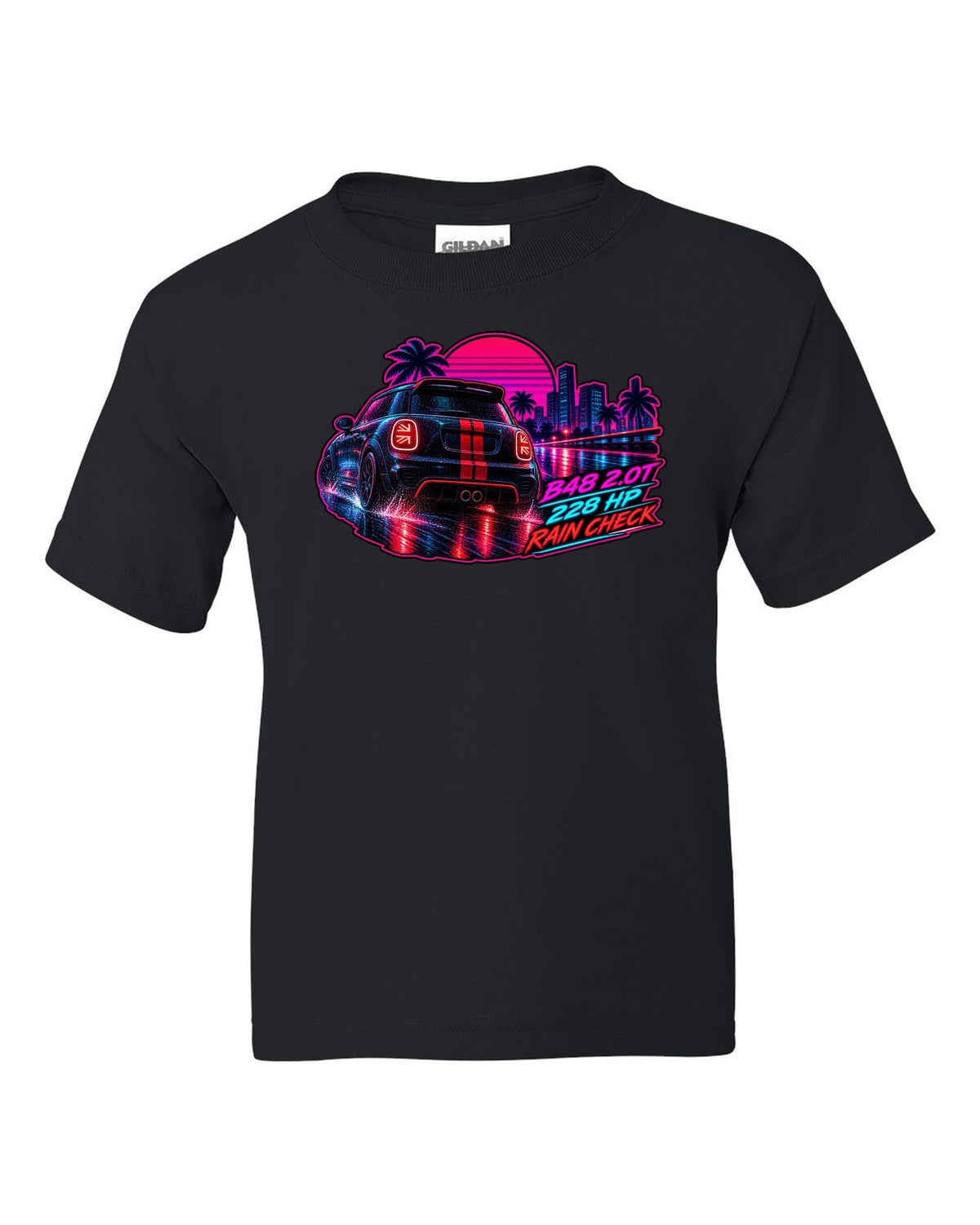 Synthwave print of a Mini JCW F56 rear with Union Jack tail lights and B48 228 HP text black kids tee front view with the design