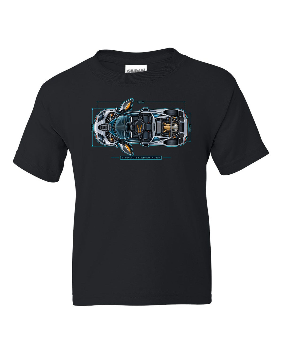 Technical blueprint print of the McLaren F1 with 1 Driver 2 Passengers 1992 lettering black kids tee front view with the design