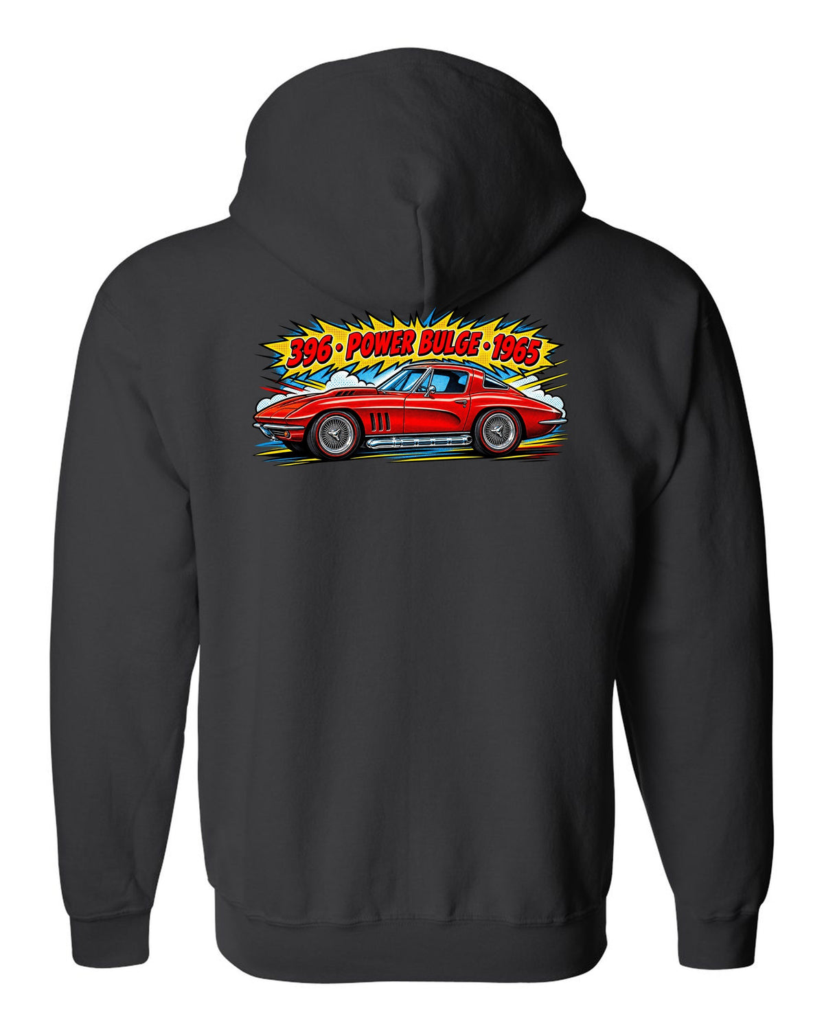 1965 Corvette C2 Sting Ray Side Pipe Comic black zip hoodie back view with the design