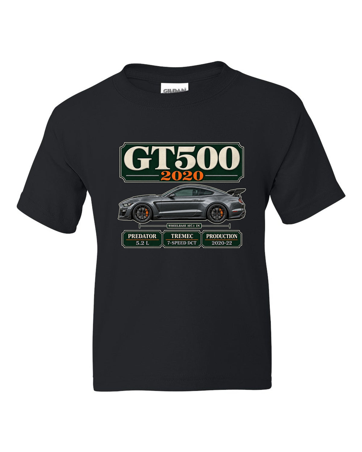 Ford Mustang S550 Shelby GT500 2020 archive panel print with engine and gearbox details black kids tee front view with the design