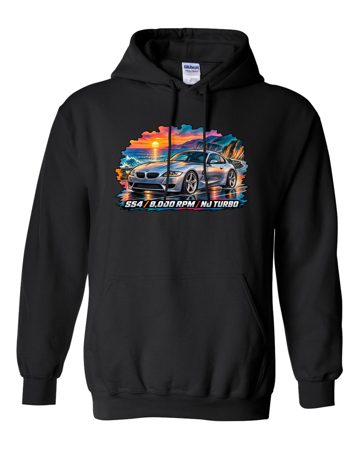 BMW Z3 M Coupe 16-bit pixel art print with Clown Shoe 3.2 text black pull over hoodie front view with the design