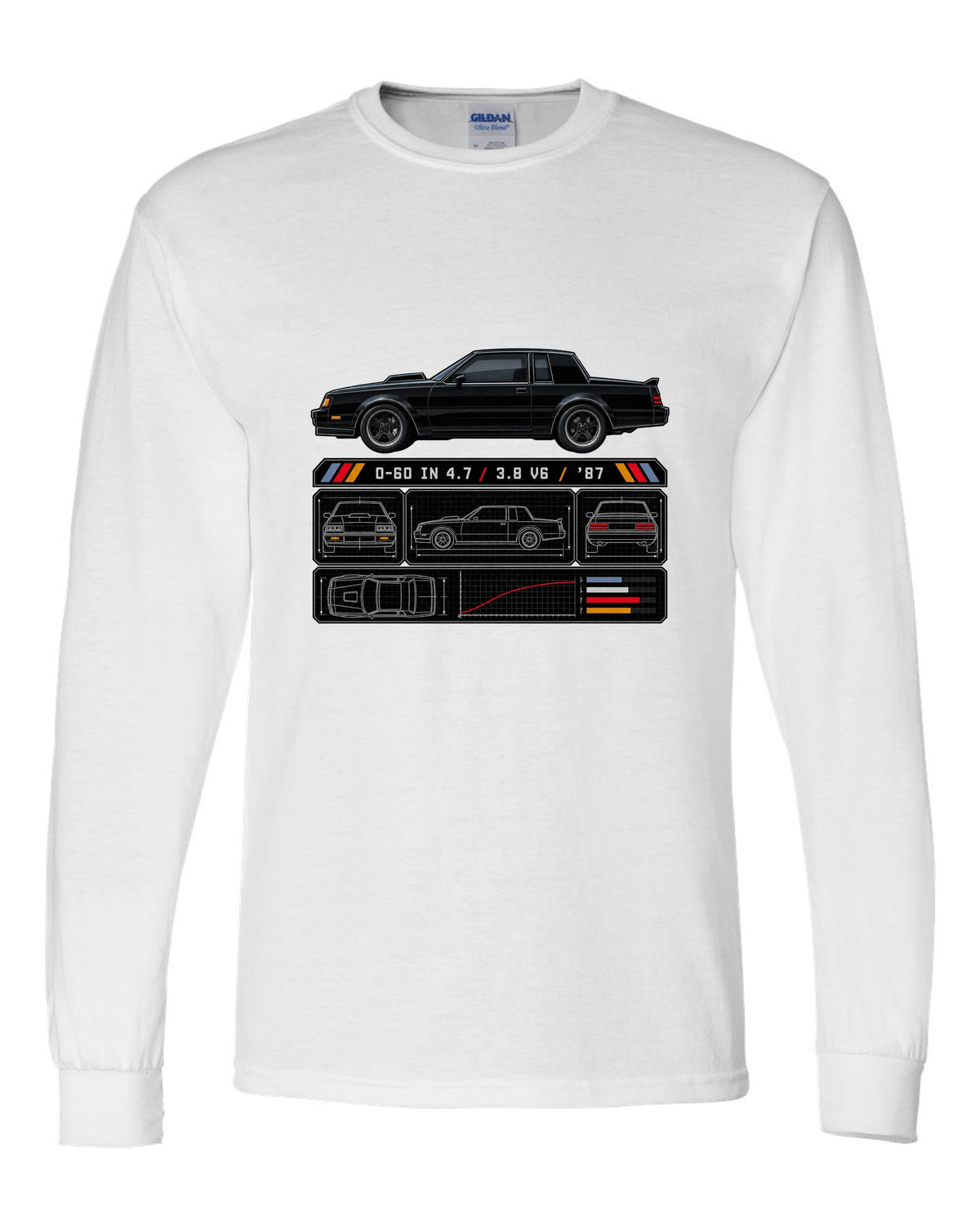 Spec-sheet print for a 1987 Buick Grand National with the text 0-60 in 4.7, 3.8 V6, '87 white long sleeve front view with the design