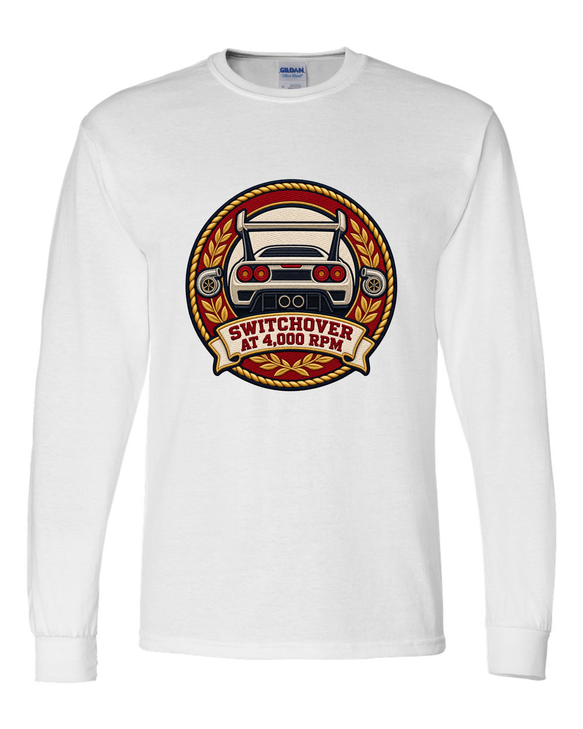Varsity crest design for the Toyota Supra A80 JZA80 twin turbo white long sleeve front view with the design