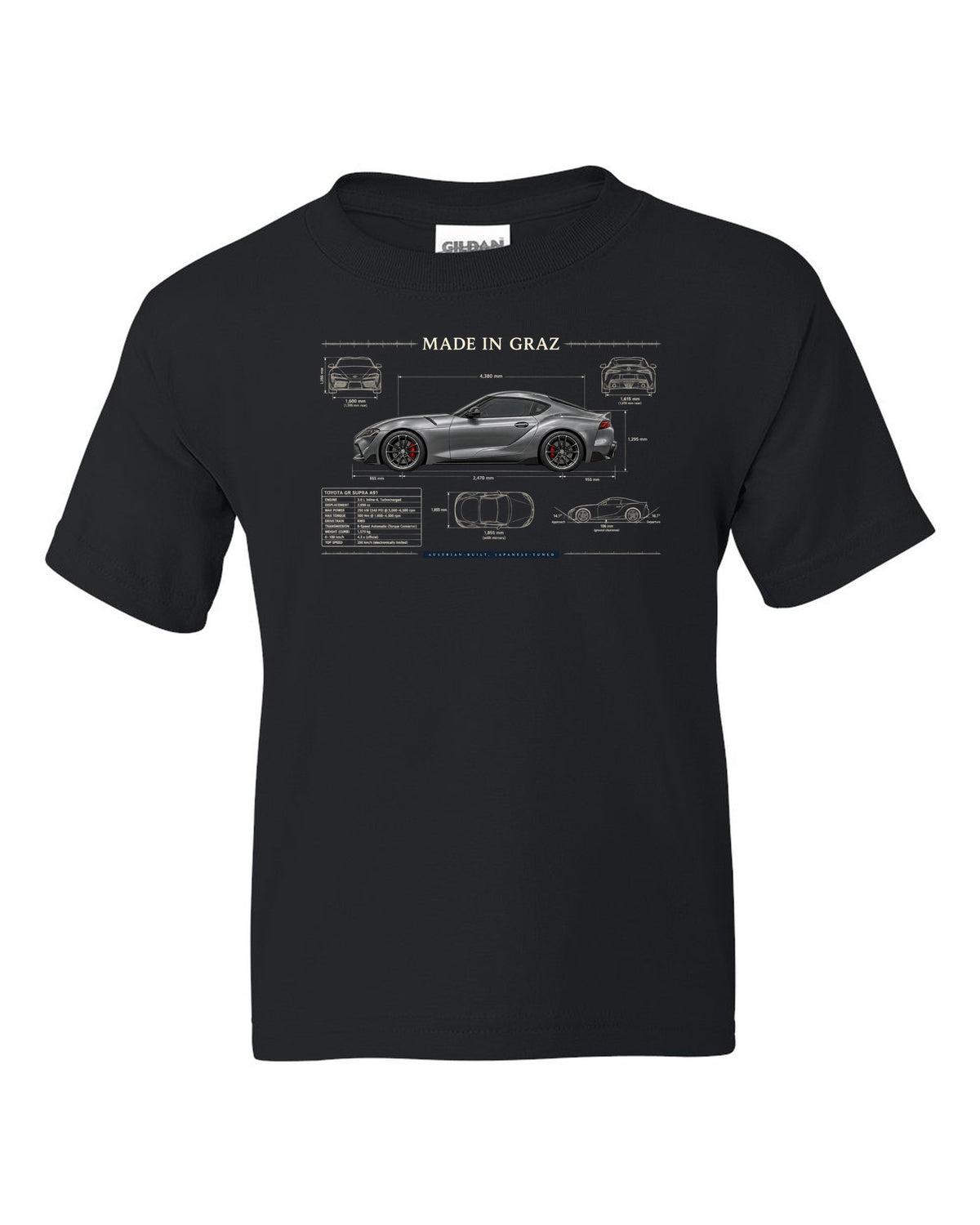 Steel blue Toyota GR Supra 3.0 with aero airflow callouts and 50:50 weight text black kids tee front view with the design