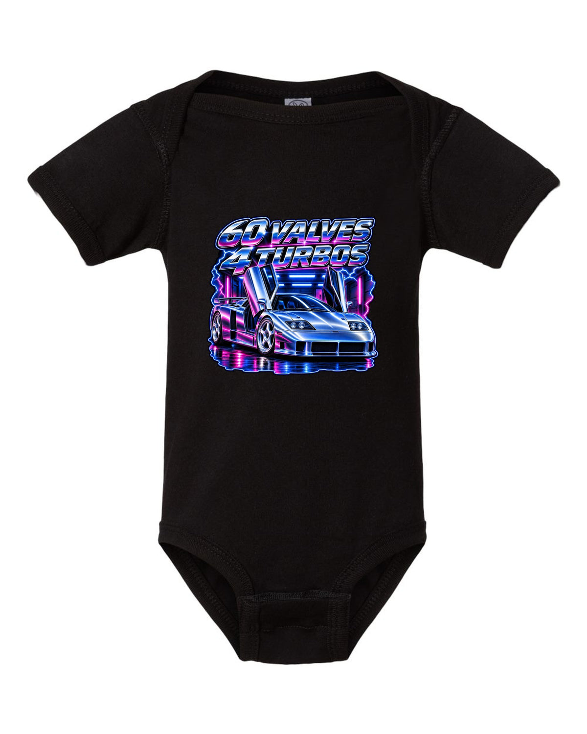 90s airbrush chrome print of a Bugatti EB110 SS with 60 valves and 4 turbos lettering black baby onesie front view with the design