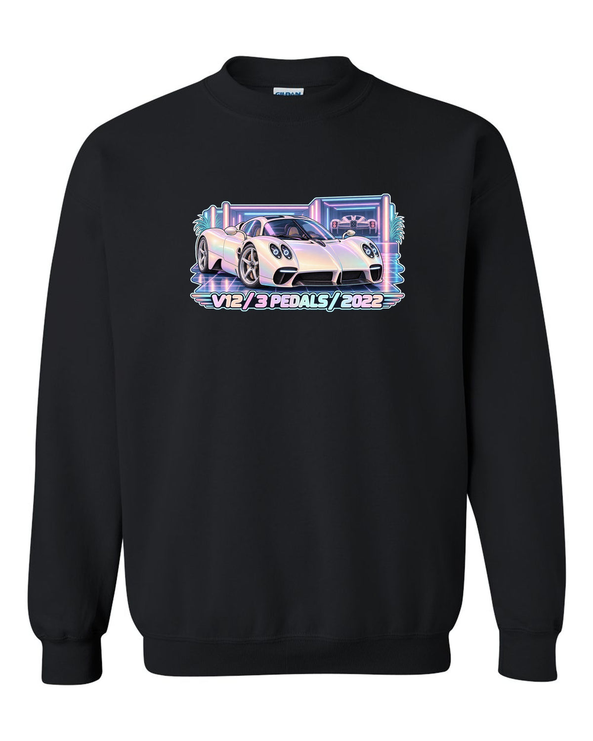 Pastel vaporwave garage illustration of a Pagani Utopia with V12 3 PEDALS 2022 lettering black crewneck front view with the design